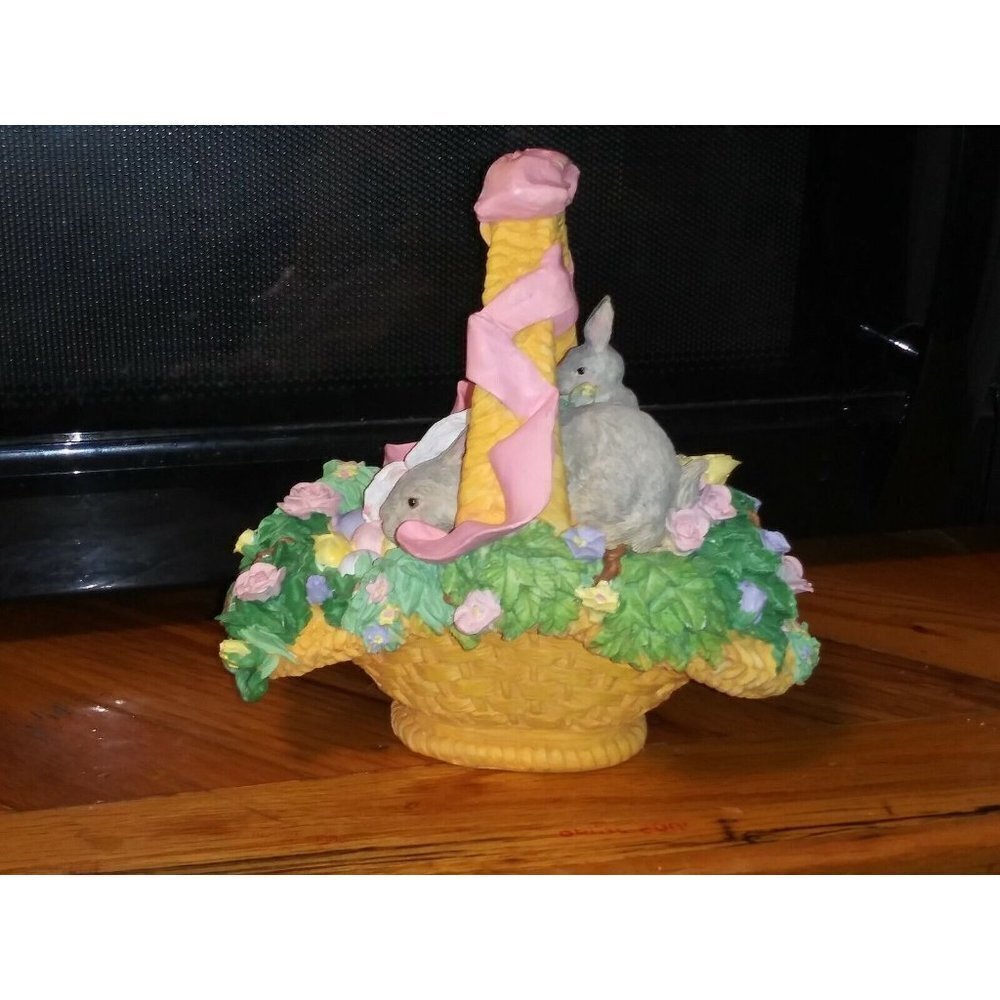 Spring Easter Garden Rabbits Bunny Bunnies in BASKET STATUE figurine resin 7.5"